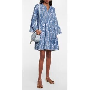 Juliet Dunn Tuckernuck Floral Navy Blue Block Print Swing Bell Sleeve Mini Dress
